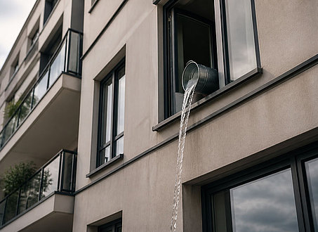 Modernes Wohnhaus mit offenem Fenster, aus dem Wasser aus einem Eimer nach unten geschüttet wird.