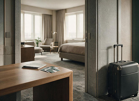 Hotelzimmer mit Koffer, Schreibtisch und mehreren Schlüsselkarten als Symbol für regelmäßig angemietete Mitarbeiterunterkünfte.