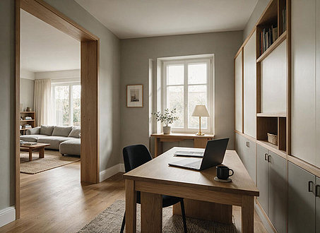 Kleines häusliches Arbeitszimmer mit Schreibtisch und Laptop in einem privaten Wohnumfeld.